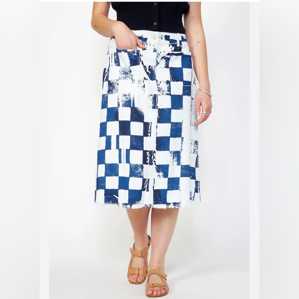 ✨ RAQUEL ALLEGRA Checkerboard Print Midi Skirt Blue White Size 0, fits closer 4🎨